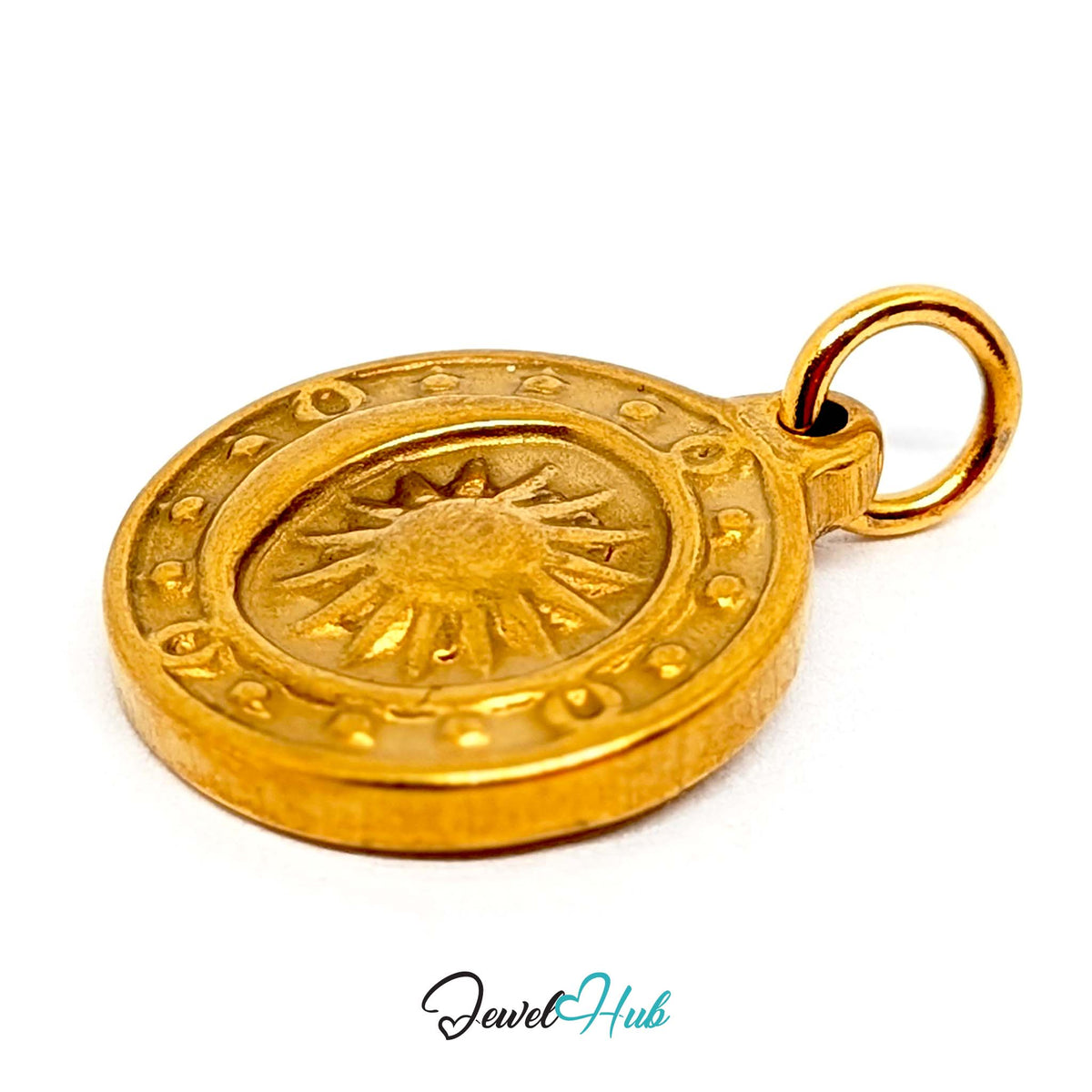 Angled view of the gold-tone sun medallion charm - JewelHub