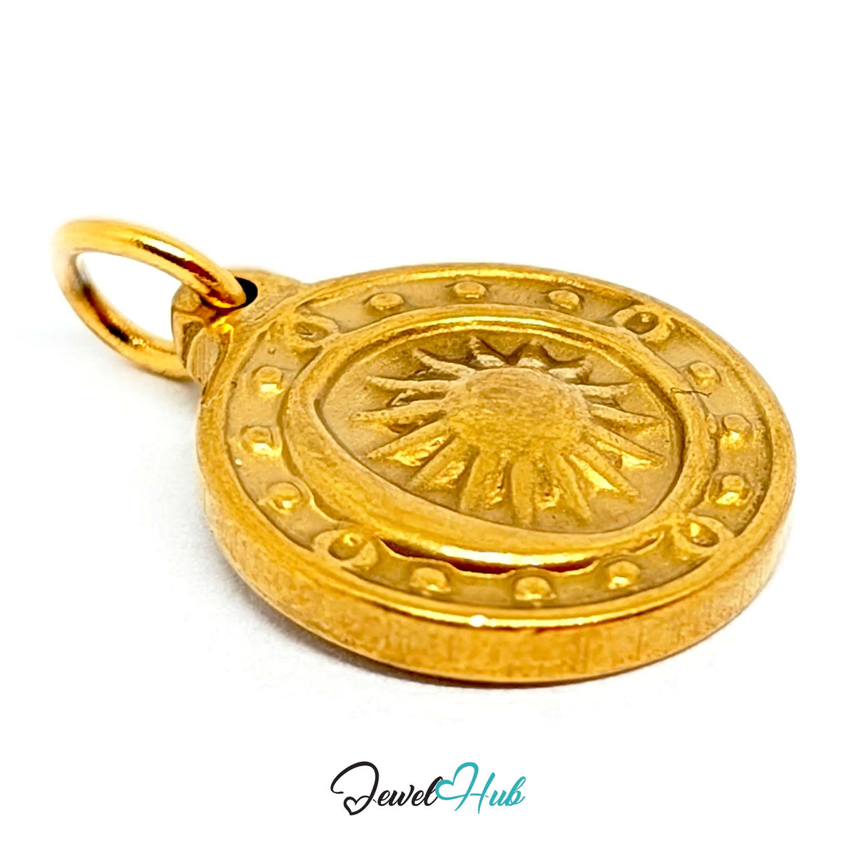 Side view of the gold-tone sun medallion charm - JewelHub