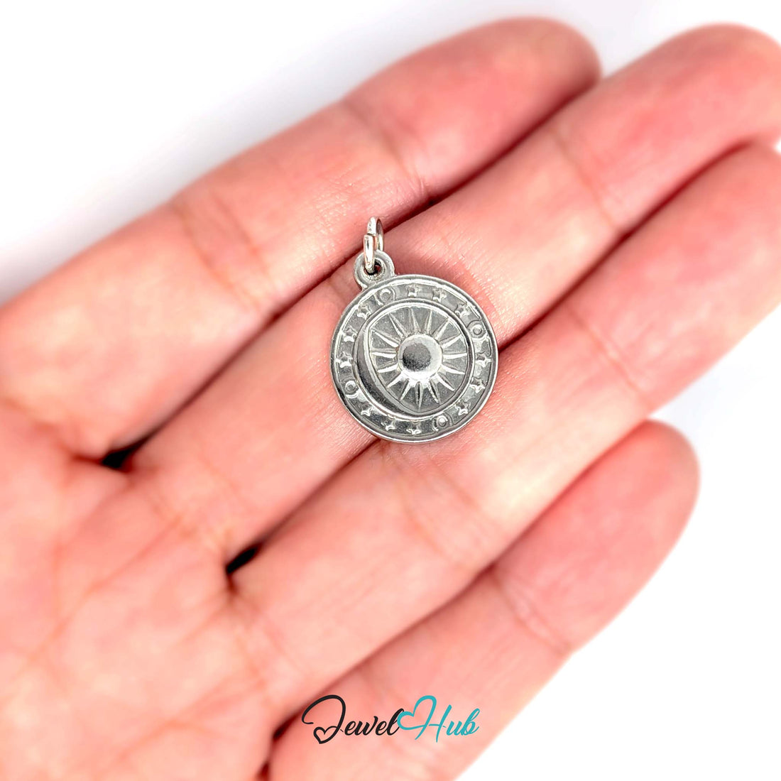 Sun medallion charm in silver-tone stainless steel - JewelHub