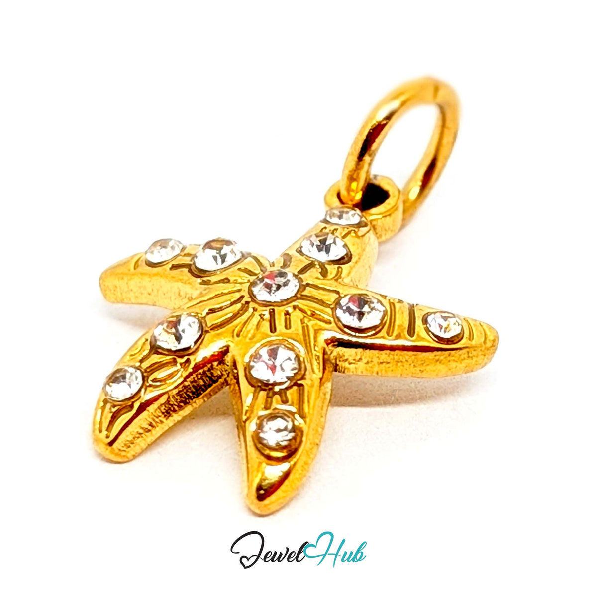Angled view of the gold-tone crystal starfish charm - JewelHub