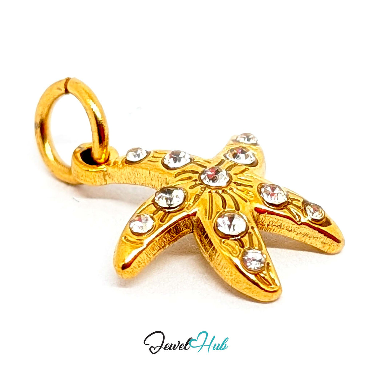 Side view of the gold-tone crystal starfish charm - JewelHub