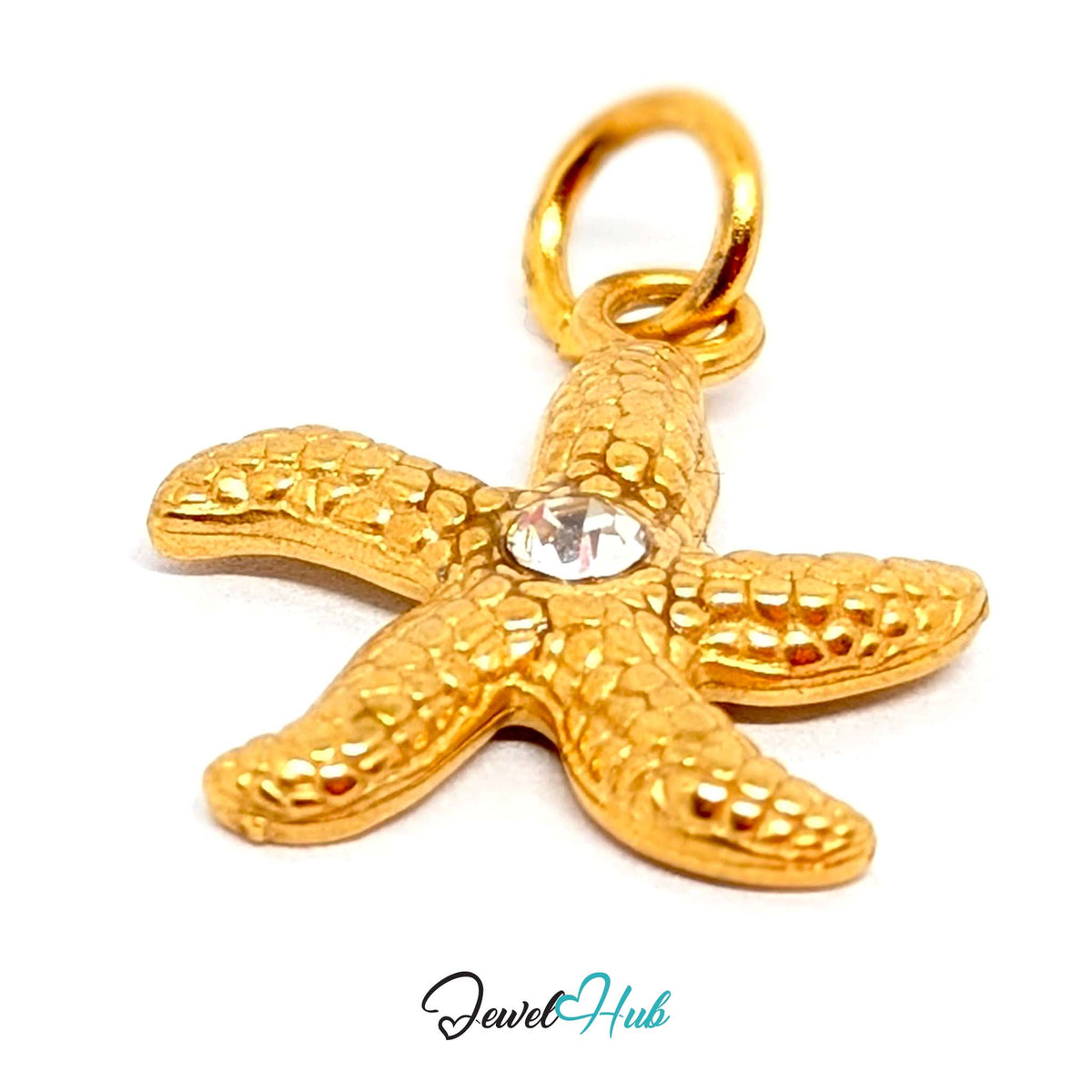 Angled view of the gold-tone textured starfish charm - JewelHub