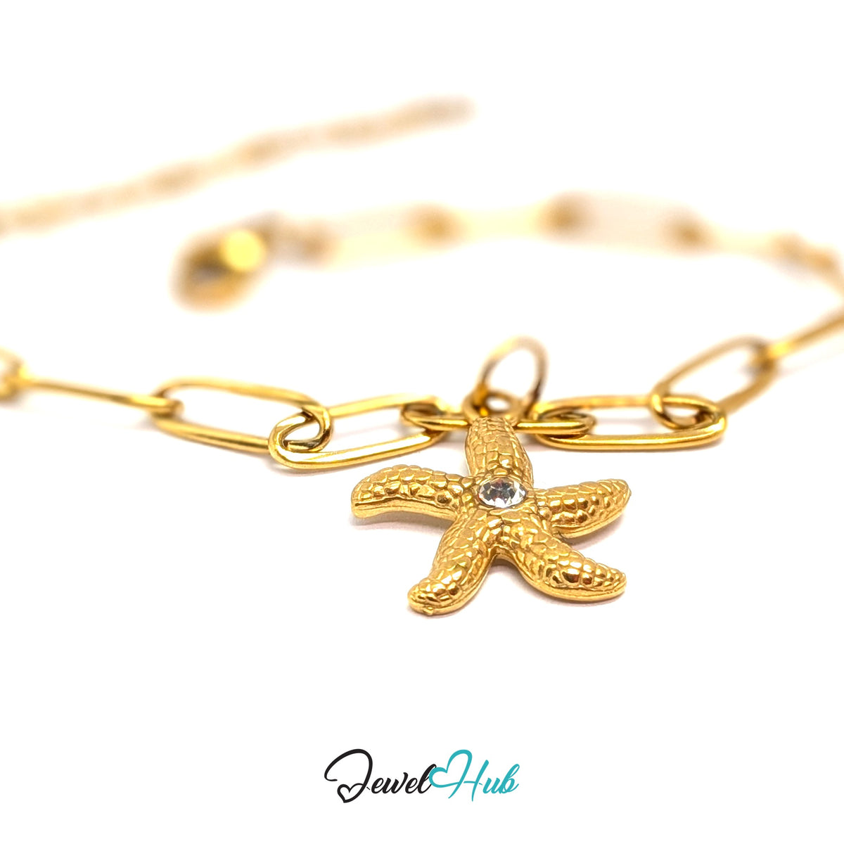 Gold-tone textured starfish charm styled on a gold paperclip chain bracelet - JewelHub