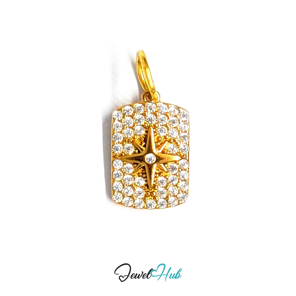 Crystal star tag charm in gold-tone stainless steel, with clear glue-set crystals - JewelHub