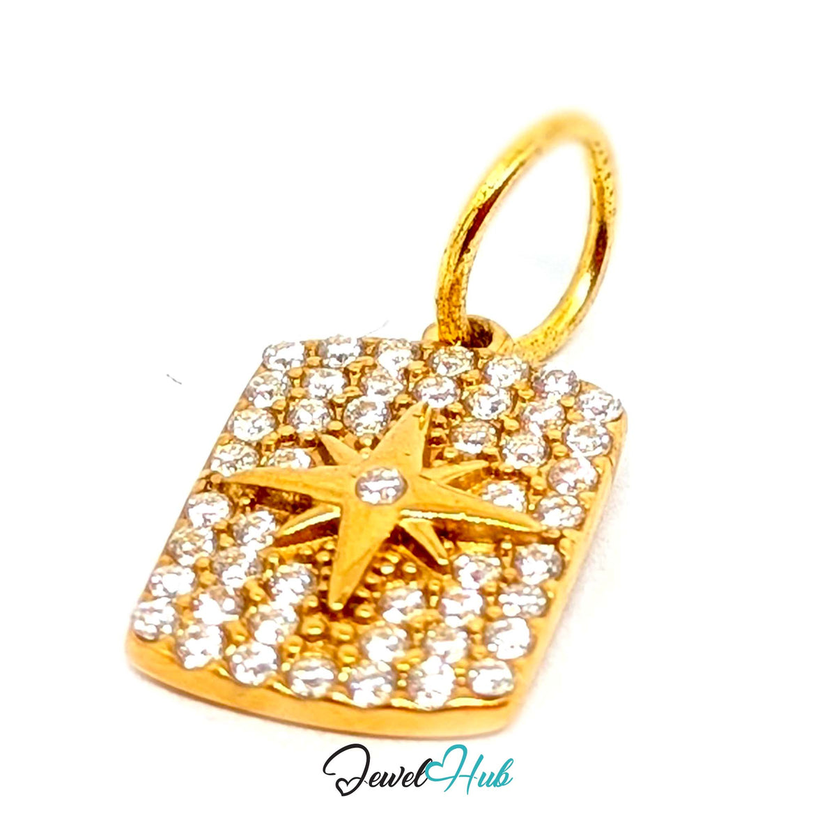 Angled view of the gold-tone crystal star tag charm - JewelHub