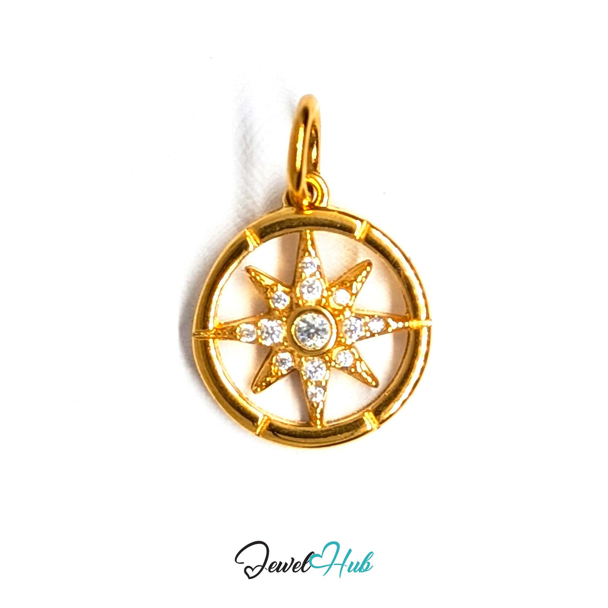 Crystal star compass charm in gold-tone stainless steel, with clear glue-set crystals - JewelHub