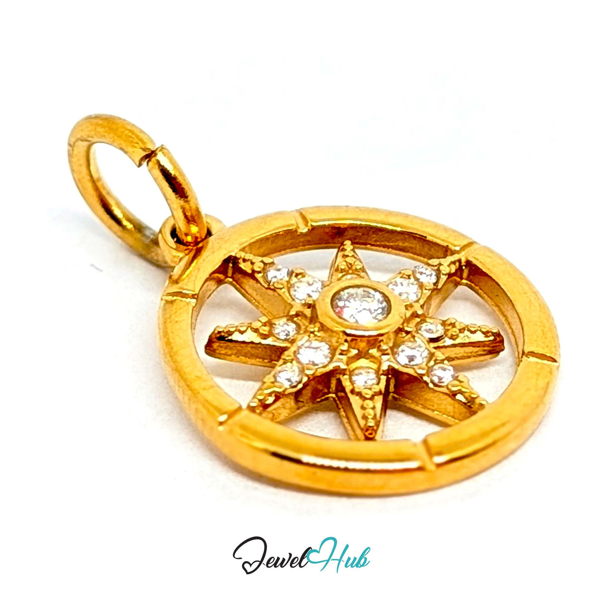 Side view of the gold-tone crystal star compass charm - JewelHub