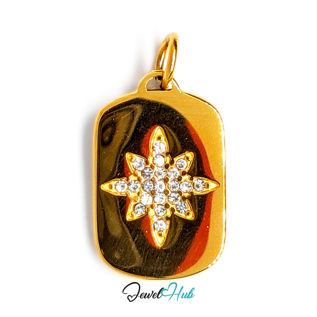 Crystal star plate charm in gold-tone stainless steel, with clear glue-set crystals - JewelHub