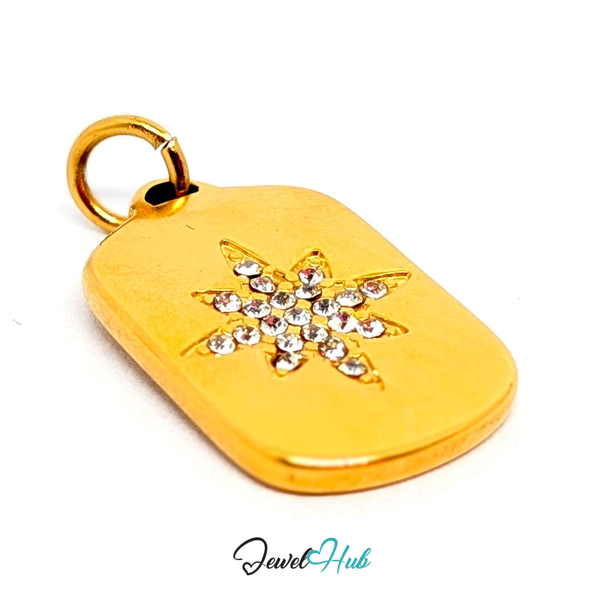 Angled view of the gold-tone crystal star plate charm - JewelHub