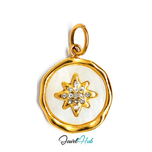White star round charm in gold-tone stainless steel, with clear glue-set crystals - JewelHub