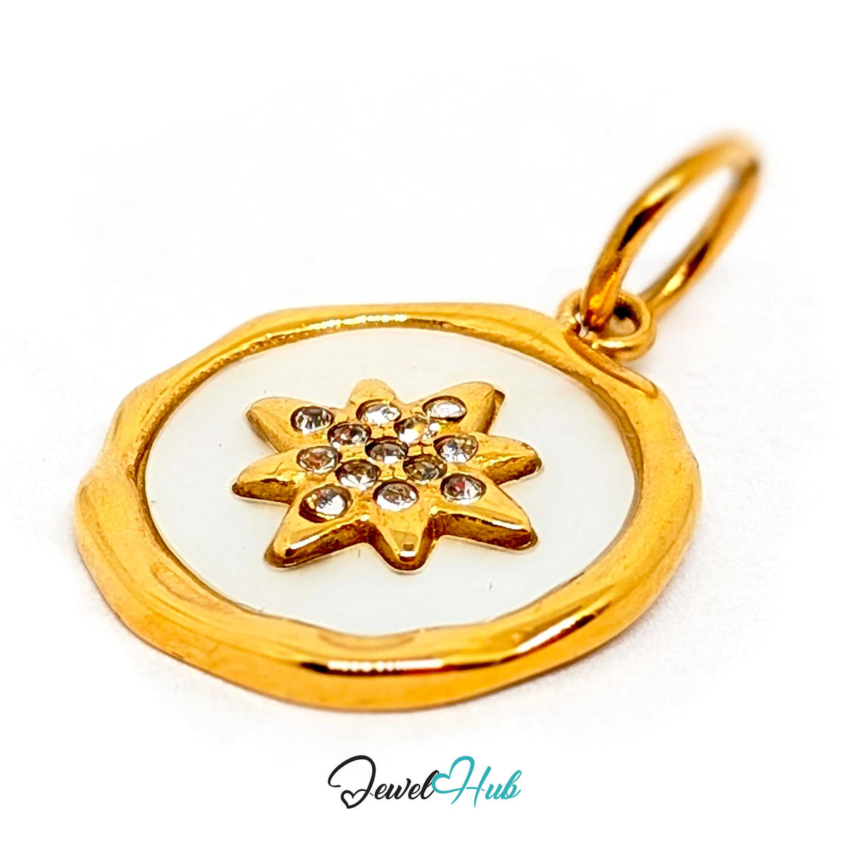 Angled view of the gold-tone white star round charm - JewelHub