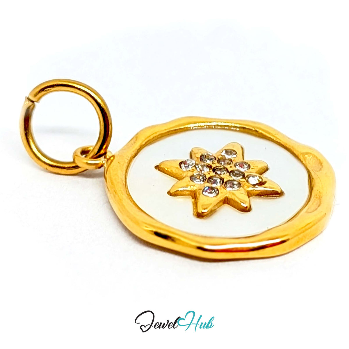Side view of the gold-tone white star round charm - JewelHub