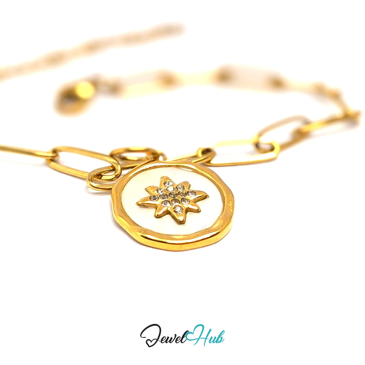 Gold-tone white star round charm styled on a gold paperclip chain bracelet - JewelHub