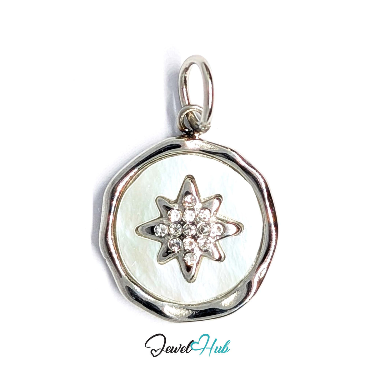 White star round charm in silver-tone stainless steel, with clear glue-set crystals - JewelHub