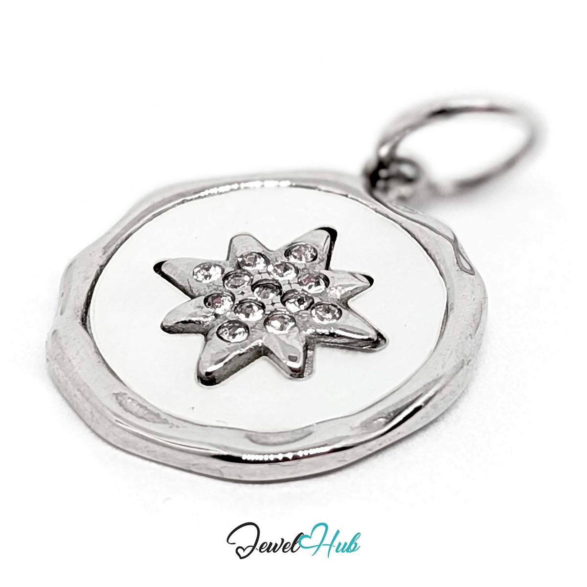 Angled view of the silver-tone white star round charm - JewelHub