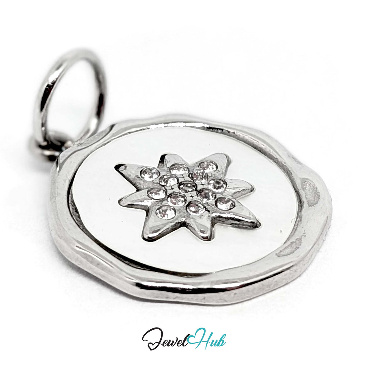 Side view of the silver-tone white star round charm - JewelHub