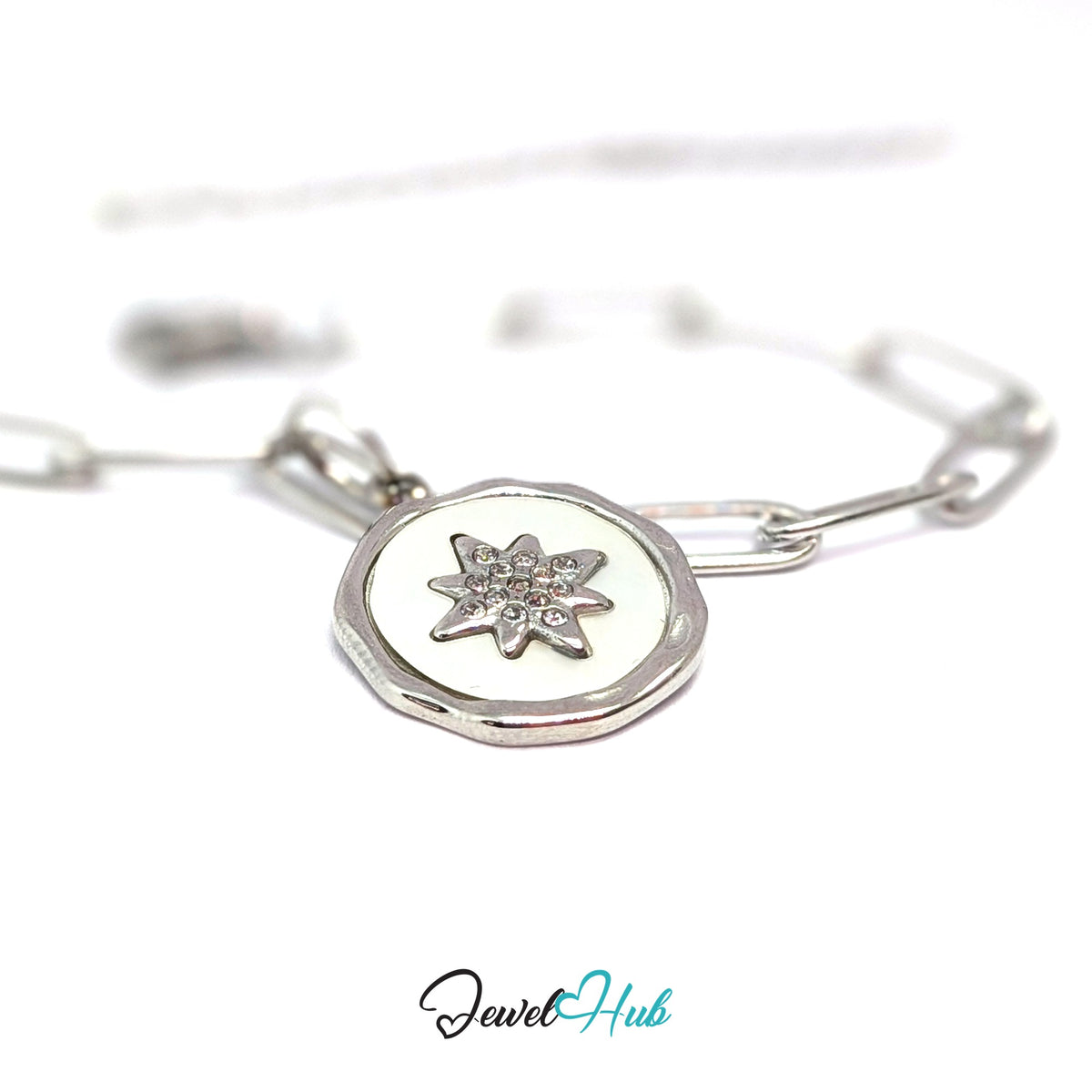 Silver-tone white star round charm styled on a silver paperclip chain bracelet - JewelHub