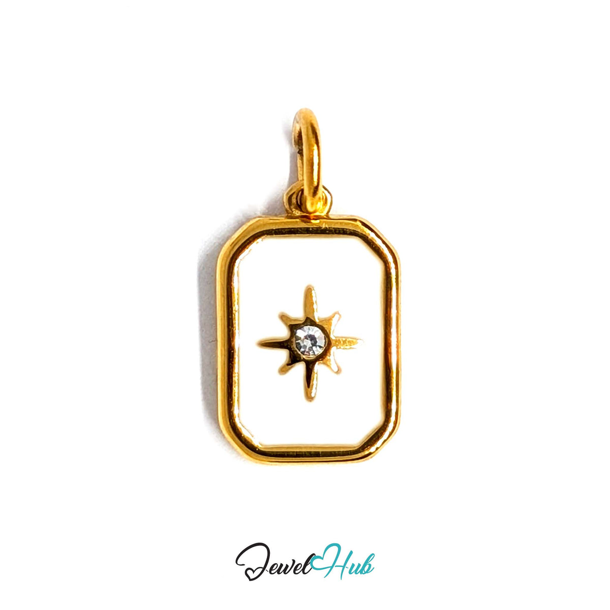 White star tag charm in gold-tone stainless steel, with clear glue-set crystals - JewelHub