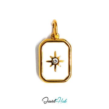 White star tag charm in gold-tone stainless steel, with clear glue-set crystals - JewelHub