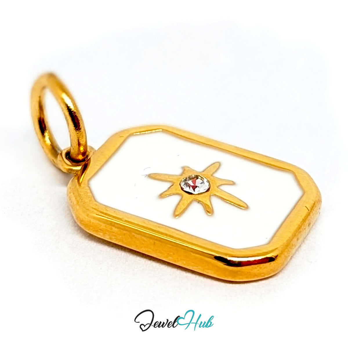 Angled view of the gold-tone white star tag charm - JewelHub