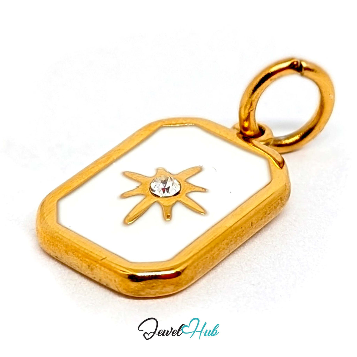 Side view of the gold-tone white star tag charm - JewelHub