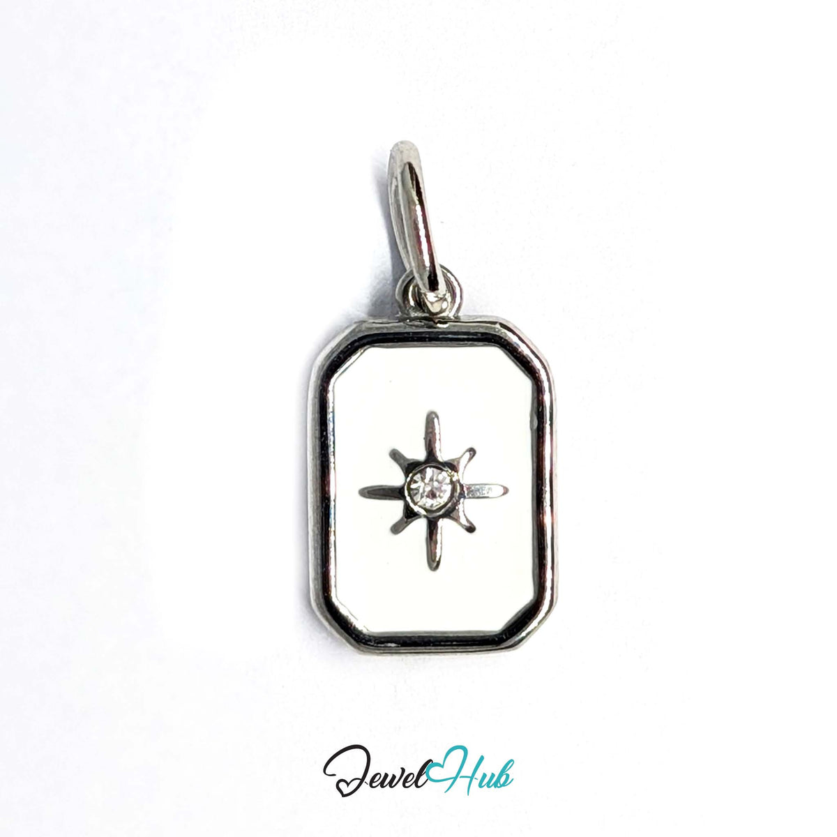 White star tag charm in silver-tone stainless steel, with clear glue-set crystals - JewelHub