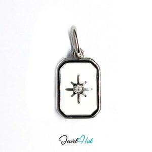 White star tag charm in silver-tone stainless steel, with clear glue-set crystals - JewelHub