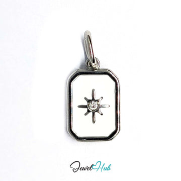 White star tag charm in silver-tone stainless steel, with clear glue-set crystals - JewelHub