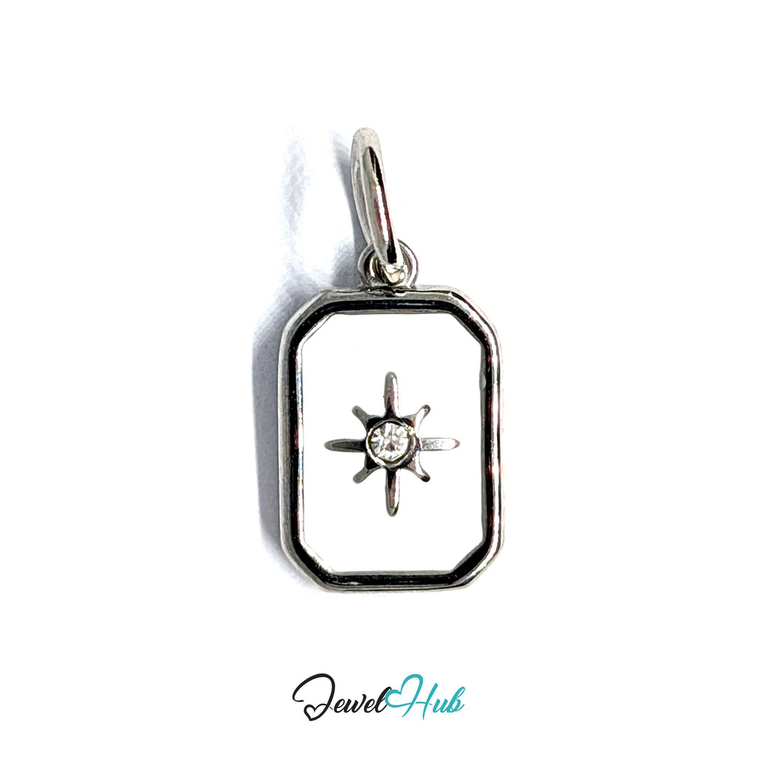 White star tag charm in silver-tone stainless steel, with clear glue-set crystals - JewelHub