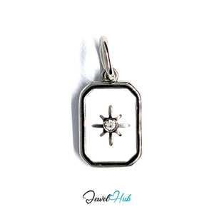 White star tag charm in silver-tone stainless steel, with clear glue-set crystals - JewelHub