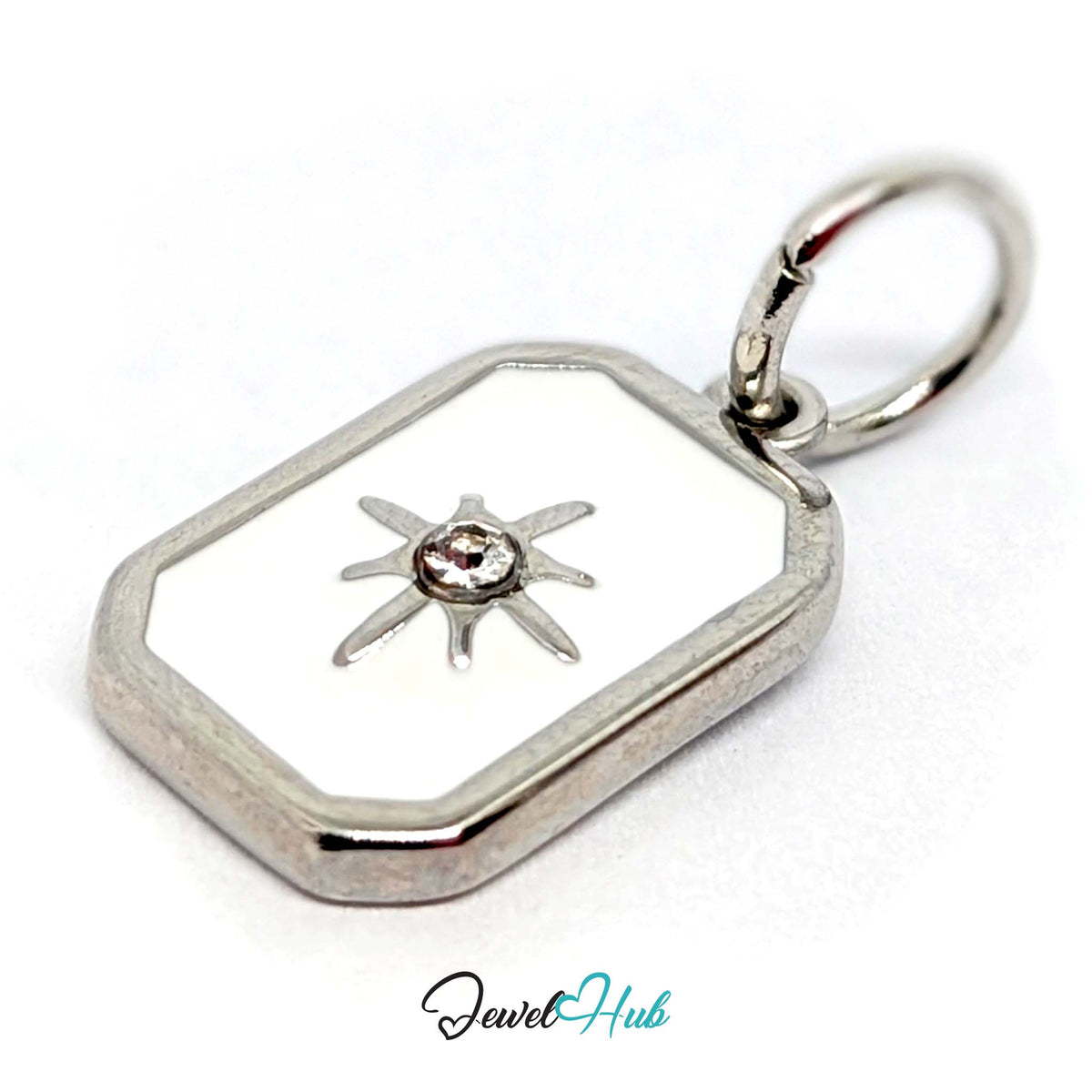 Angled view of the silver-tone white star tag charm - JewelHub