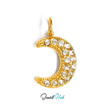 Crystal moon charm in gold-tone stainless steel, with clear glue-set crystals - JewelHub