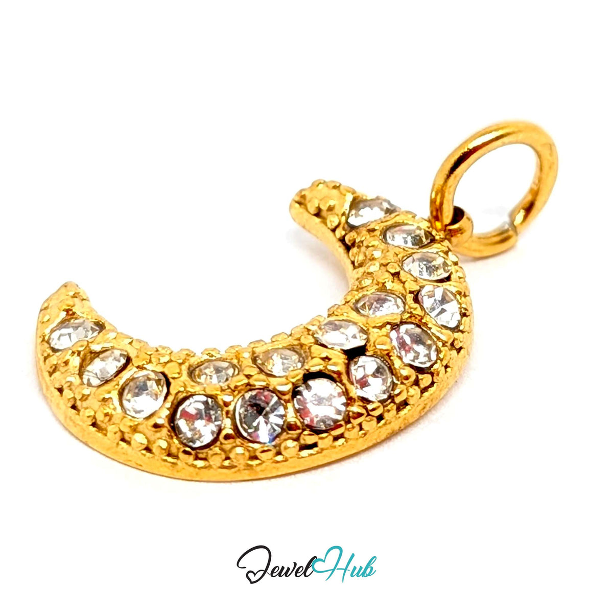 Angled view of the gold-tone crystal moon charm - JewelHub