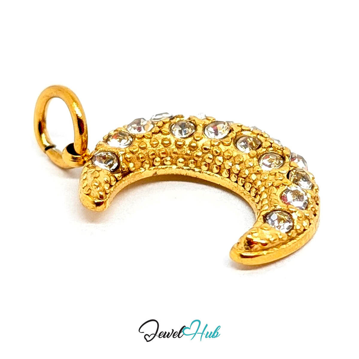Side view of the gold-tone crystal moon charm - JewelHub