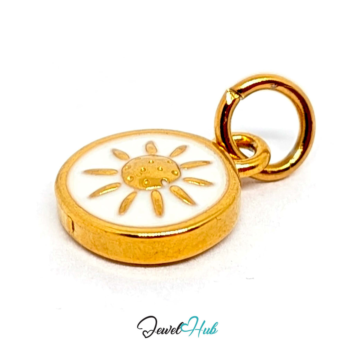 Angled view of the gold-tone white sun charm - JewelHub