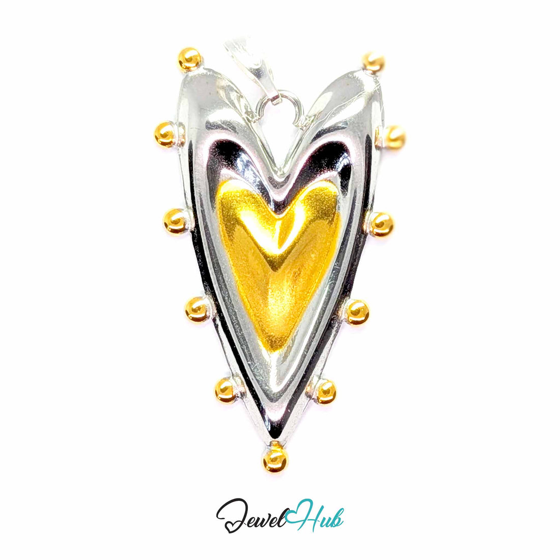Dotted Long Heart pendant in DuoTone stainless steel - front view - JewelHub