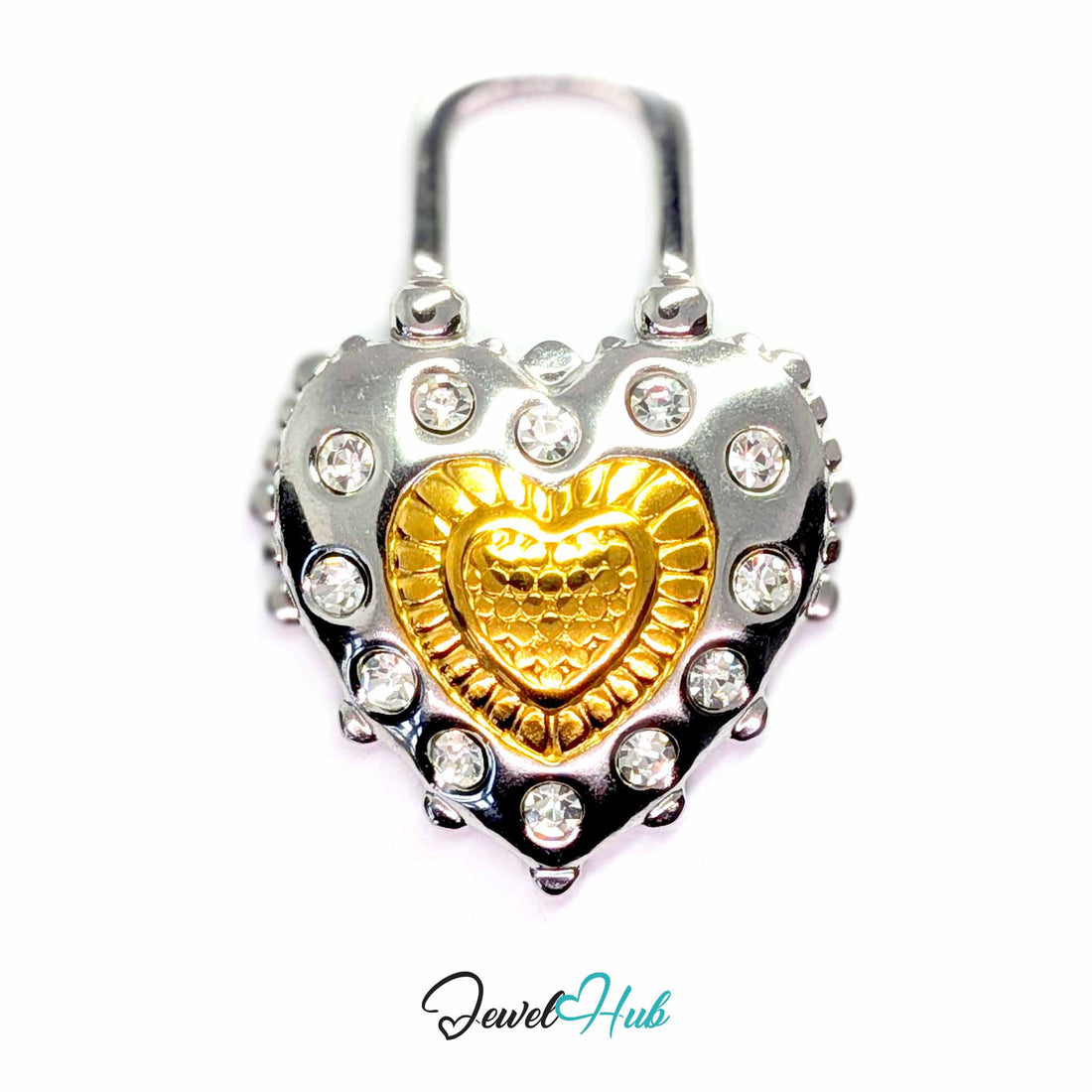 Crystal Lock Heart pendant in DuoTone stainless steel - front view - JewelHub
