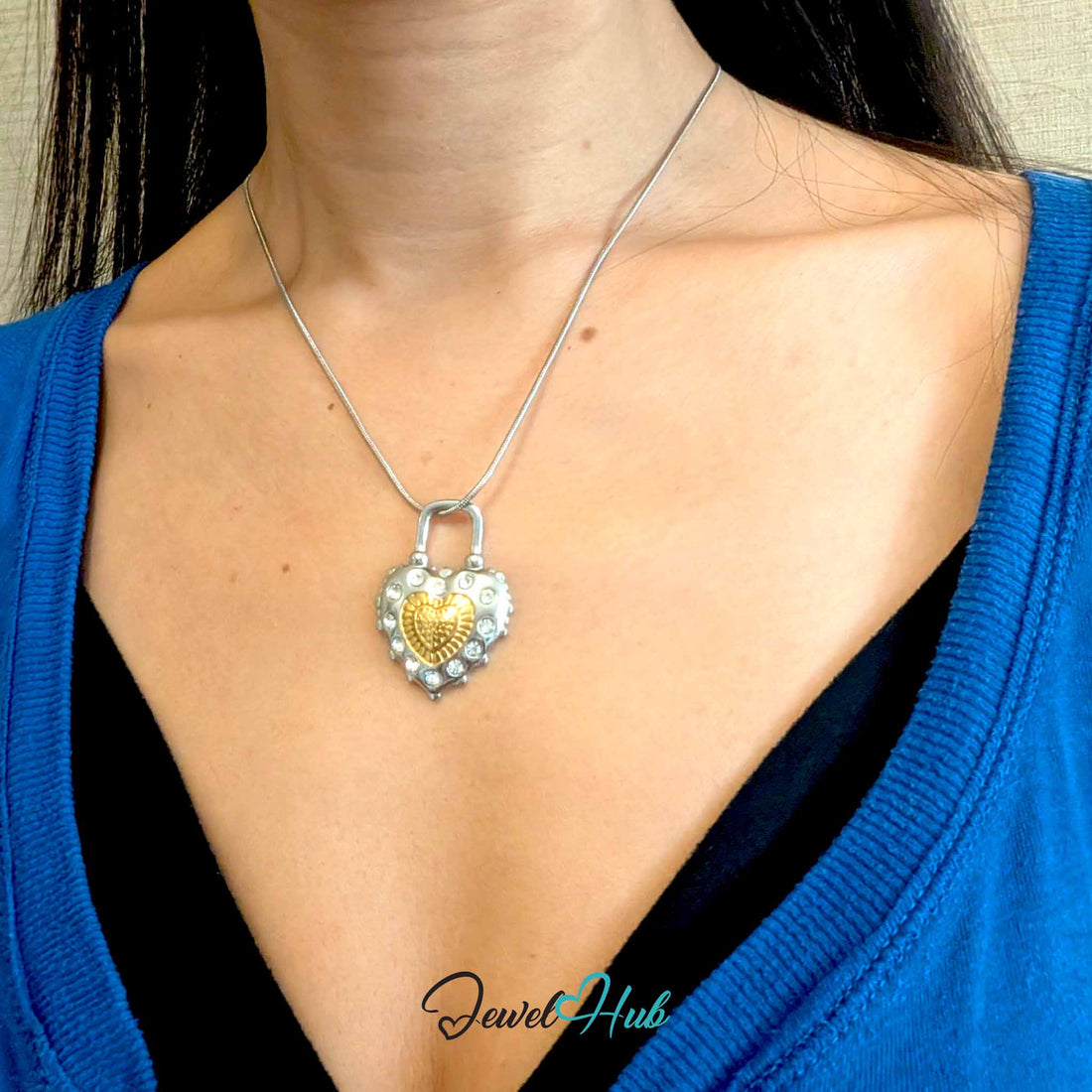 Crystal Lock Heart pendant in DuoTone stainless steel - front view - JewelHub