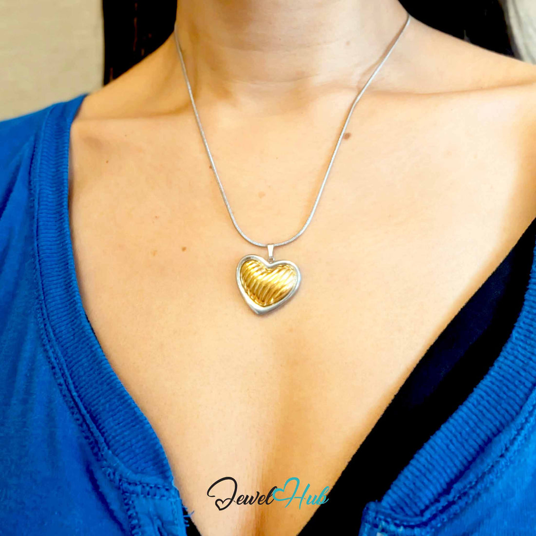 Ribbed Gold Heart pendant in DuoTone stainless steel - front view - JewelHub