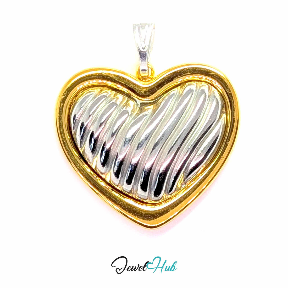 Ribbed Silver Heart pendant in DuoTone stainless steel - front view - JewelHub