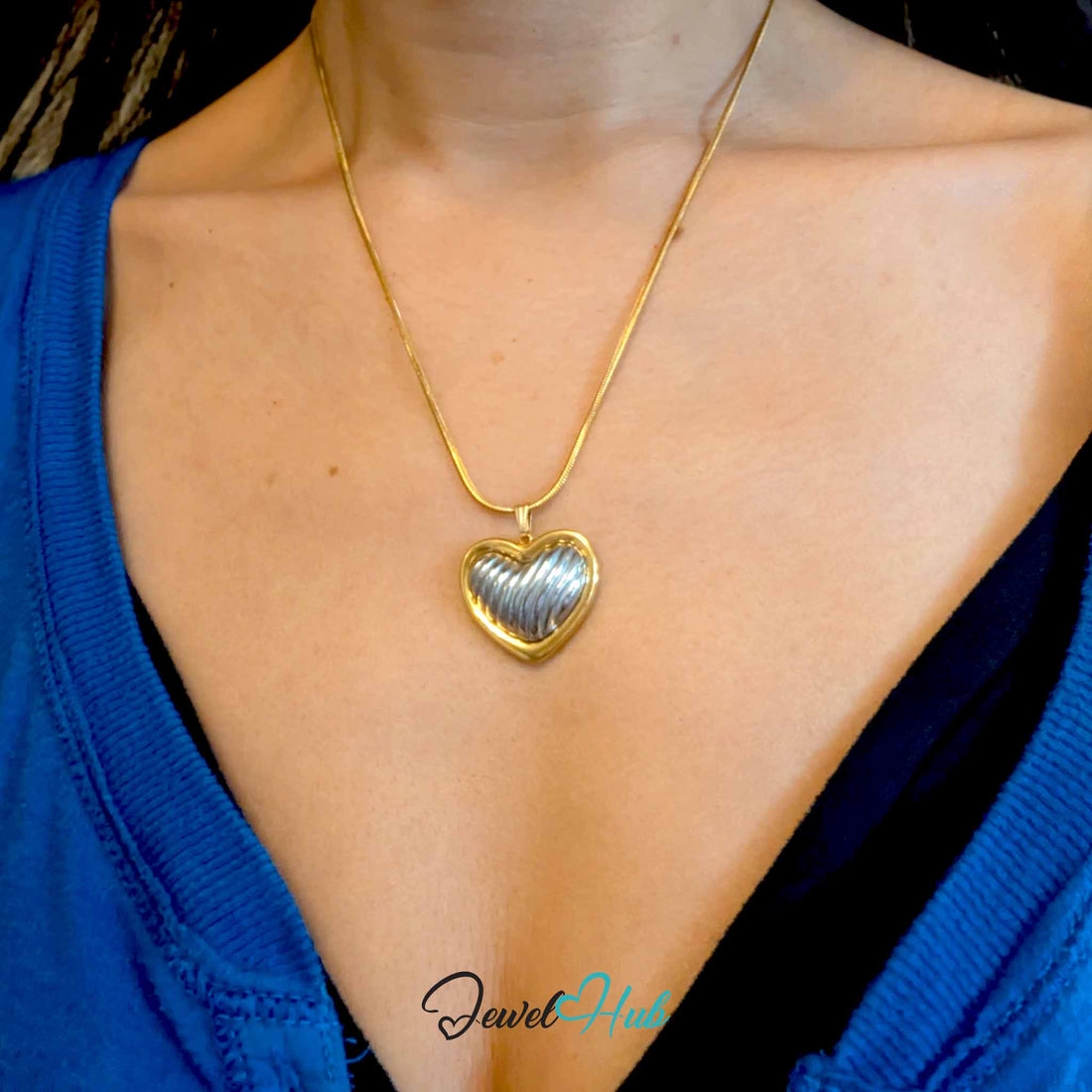 Ribbed Silver Heart pendant in DuoTone stainless steel - front view - JewelHub