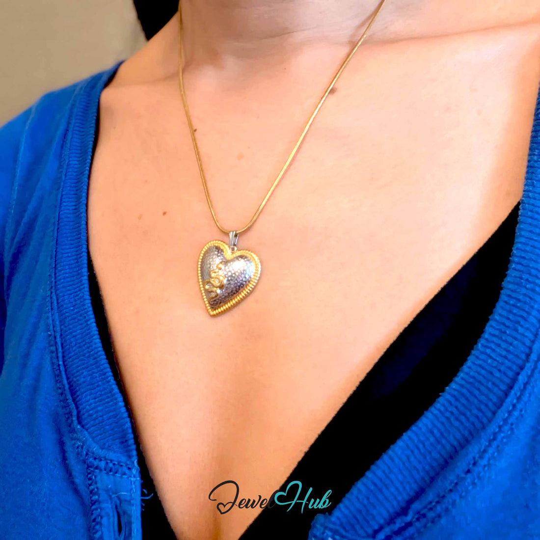 Snake Heart pendant in DuoTone stainless steel - front view - JewelHub