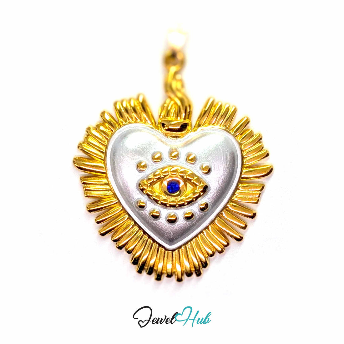 Evil Eye Sunburst Heart pendant in DuoTone stainless steel - front view - JewelHub