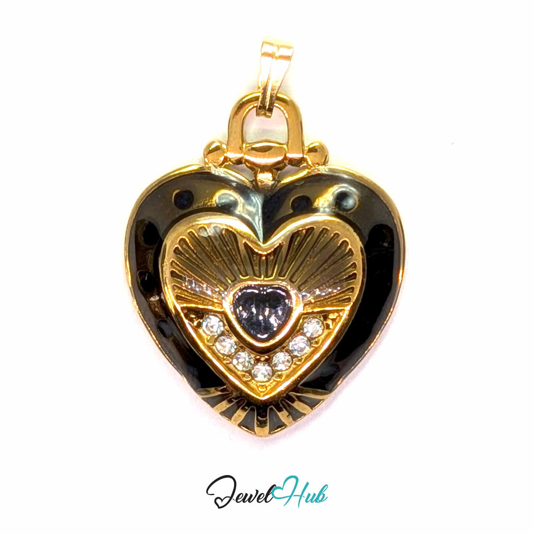 Black Mini Lock Heart pendant in gold-tone stainless steel - front view - JewelHub