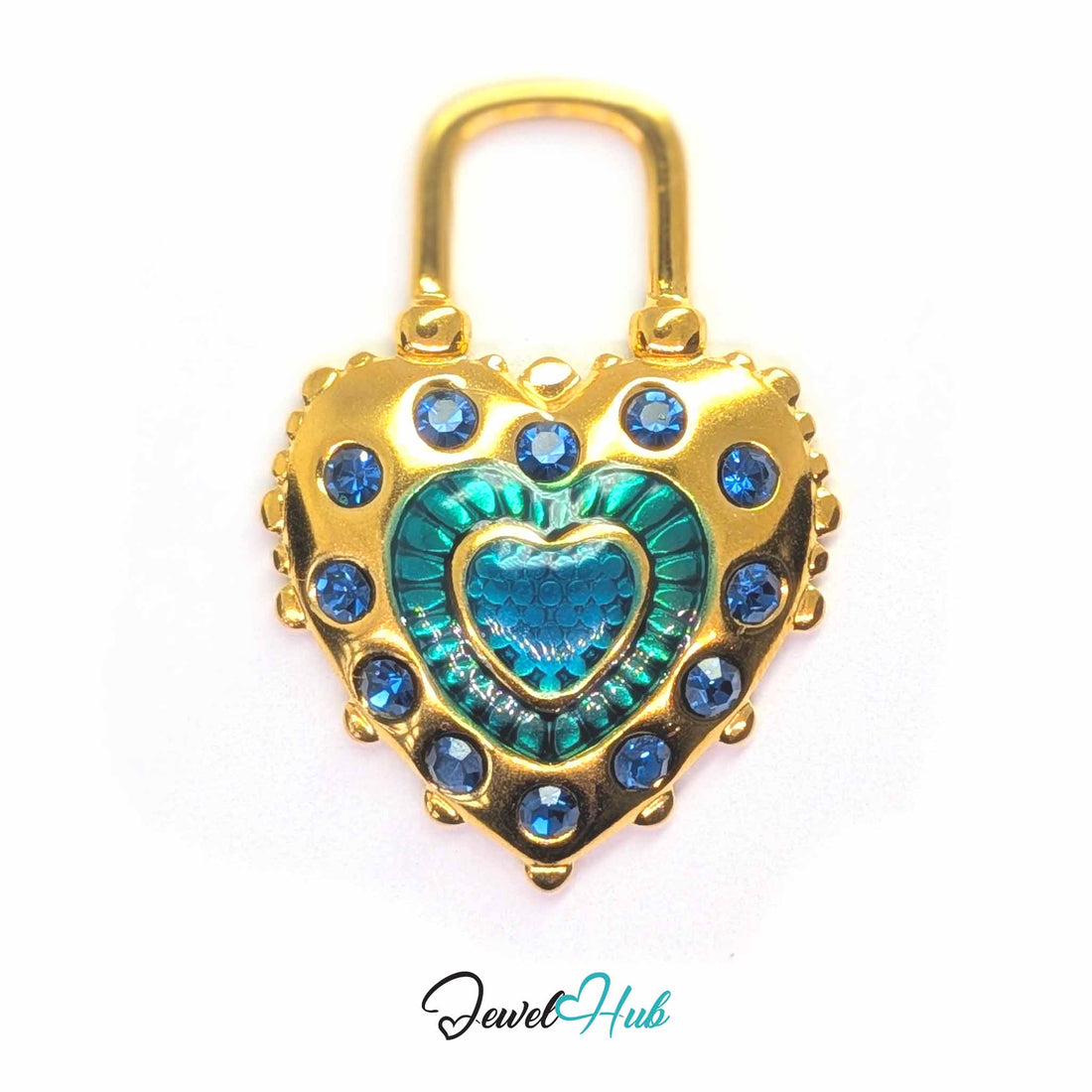 Teal Big Lock Heart pendant in gold-tone stainless steel - front view - JewelHub