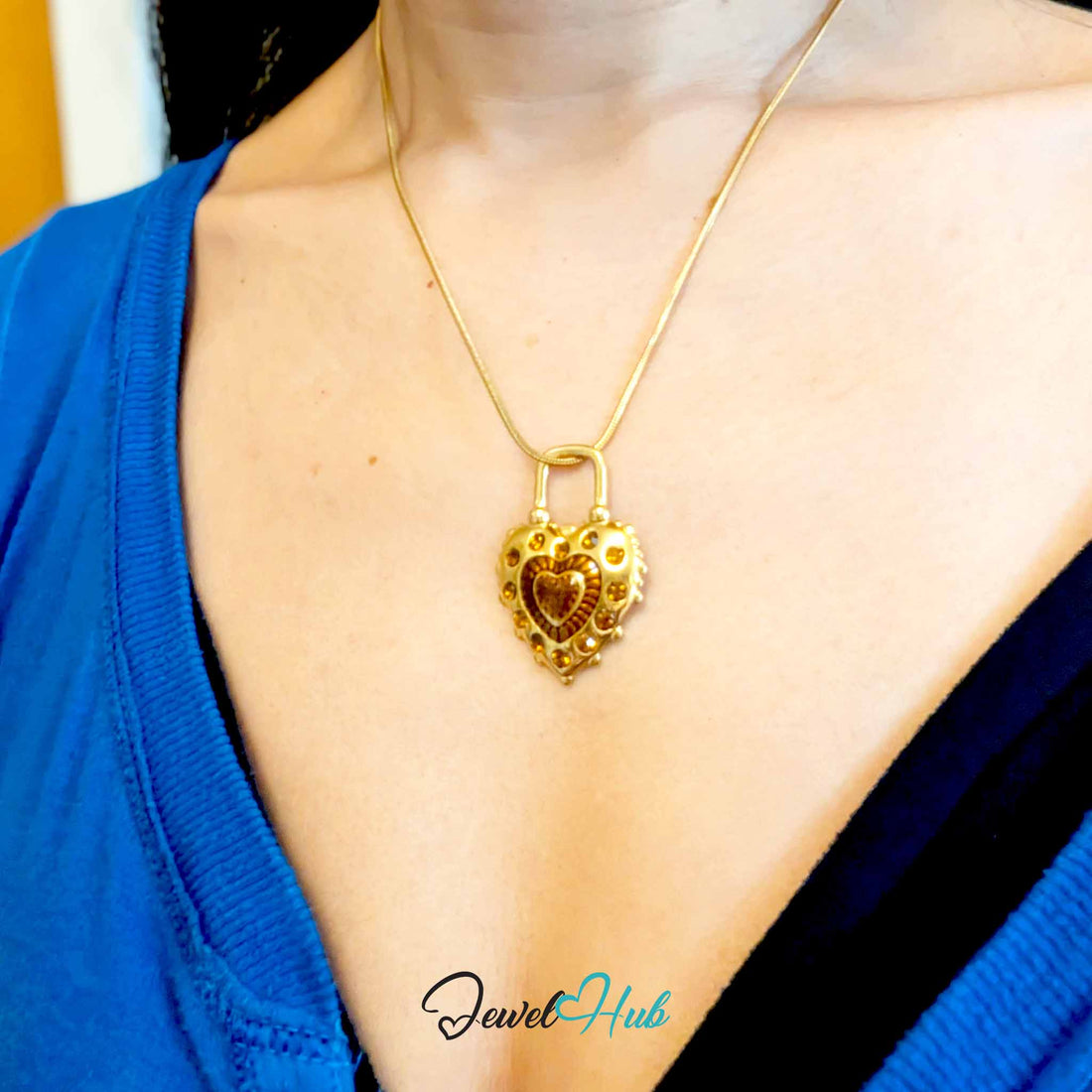 Amber Big Lock Heart pendant in gold-tone stainless steel - front view - JewelHub