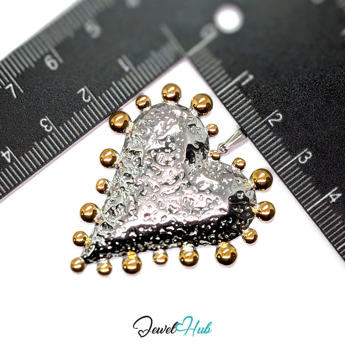 Giant Dotted Heart pendant in DuoTone stainless steel - measurement with ruler - JewelHub