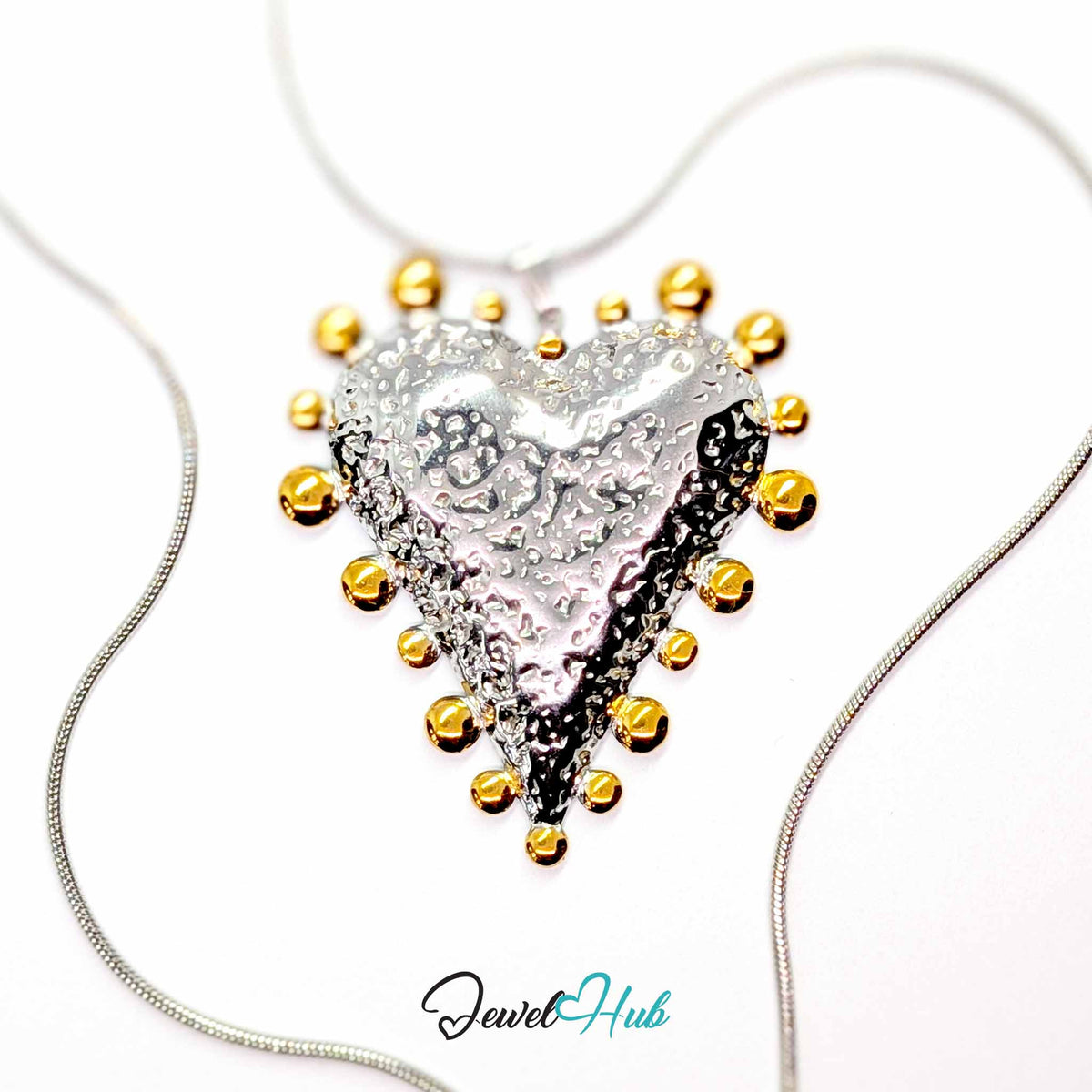 Giant Dotted Heart pendant in DuoTone stainless steel - on a silver-tone stainless steel chain - JewelHub