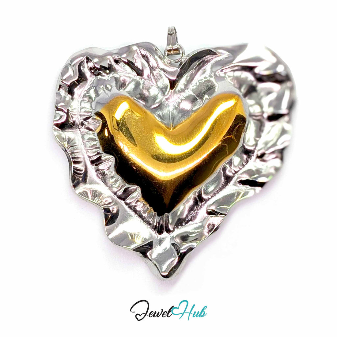 Giant Wrinkle Heart pendant in DuoTone stainless steel - front view - JewelHub