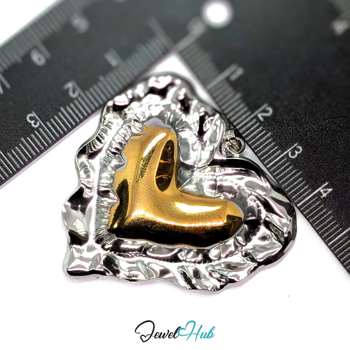 Giant Wrinkle Heart pendant in DuoTone stainless steel - measurement with ruler - JewelHub